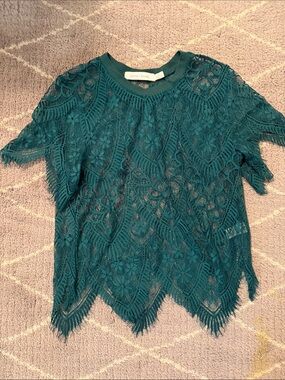 bishop + young Teal Floral Lace Short Sleeve Top
